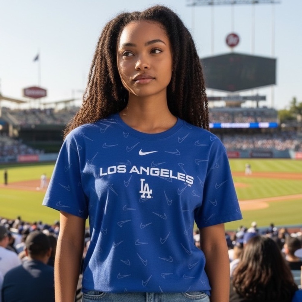 Nike Los Angeles Dodgers MLB All Over Swoosh Print T-Shirt Blue NKGW-4EW Medium